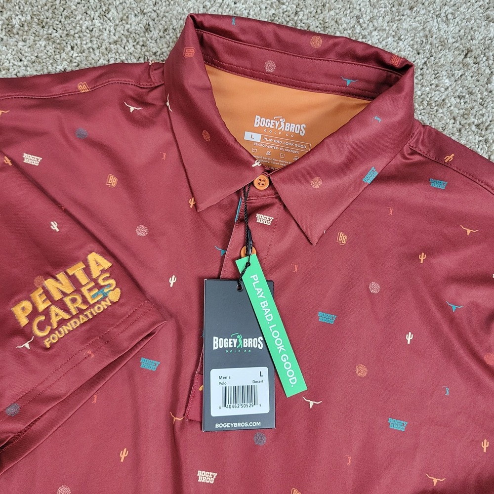 NWT Bogey Bros Mens Large Maroon AOP Logo Performance Stretch Golf Polo SS